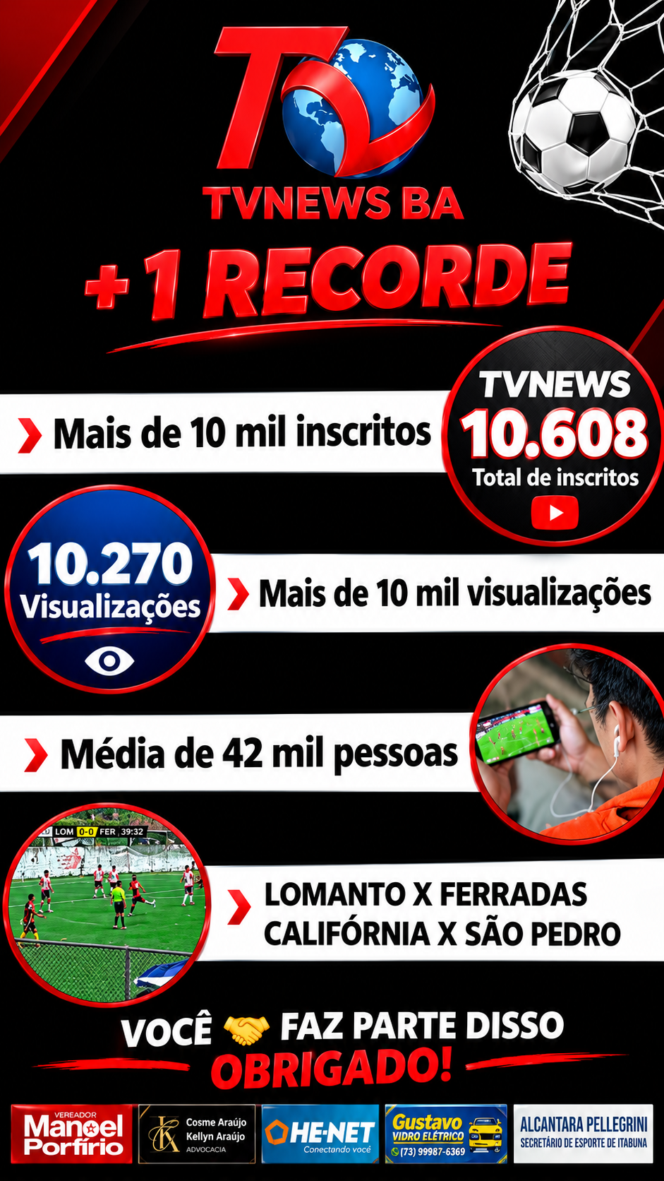 Fenômeno no Interbairros 2026: TV News BA bate recorde de audiência com mais de 42 mil pessoas conectadas no futebol amador de Itabuna!