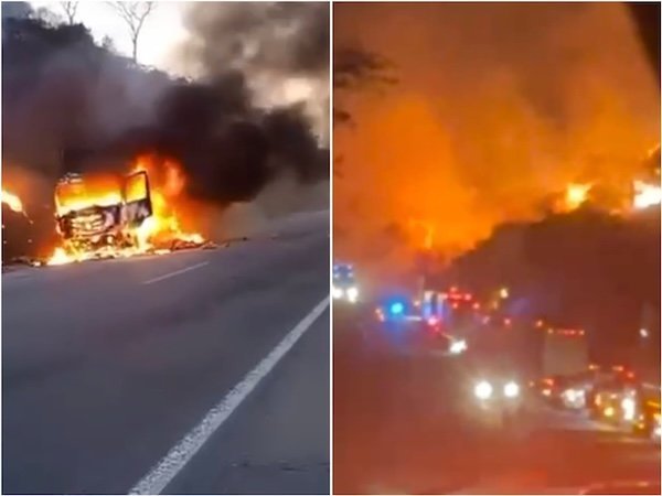 Incêndio em caminhão bloqueia BR-116 e provoca congestionamento no trecho de Jaguaquara